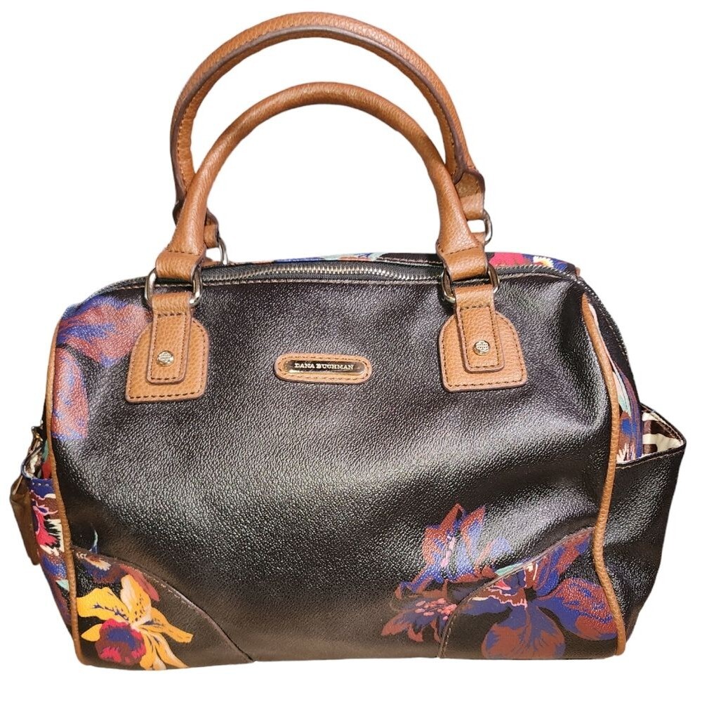 Dana Buchman Black Floral 100% Man Made Faux Leather Satchel Bag 11"X8"X5"‎
